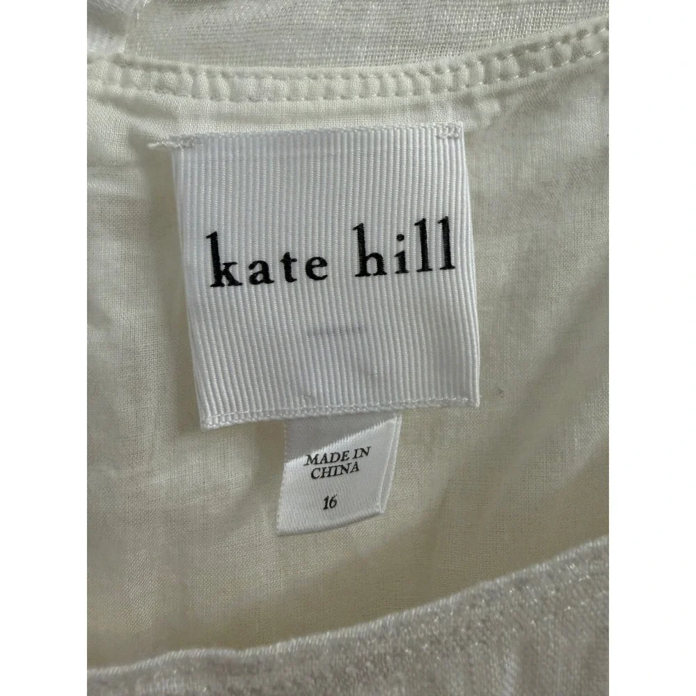 Kate Hill Womens 100% Linen Cotton Lined Scoop‎ Neck Shift Dress Ivory White 16